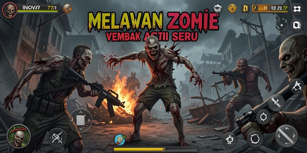 Tampilan antarmuka <strong>INOVA77</strong> yang seru dalam aksi melawan zombie.